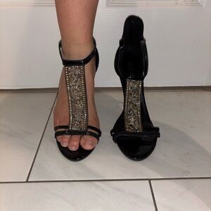 Gemstone Embellished Black Leather Stilettos